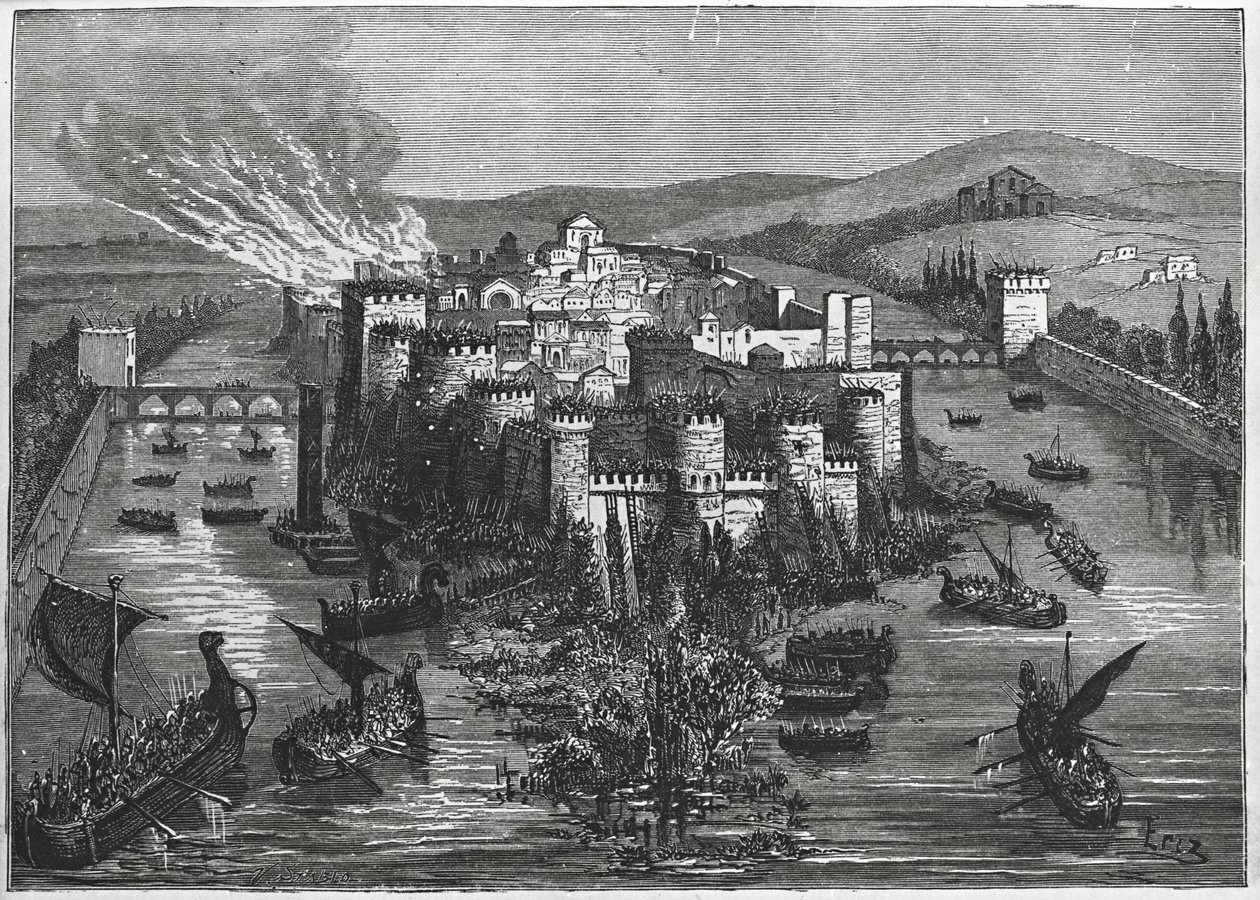 Wikinger belagern Paris im Jahr 845 (Gravur) von Unbekannt Unbekannt