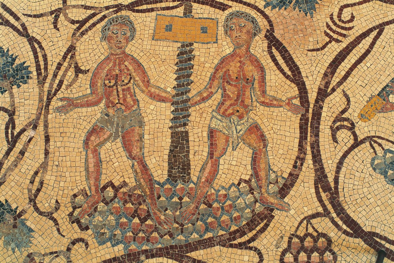 Weinpresse, Detail des Bodenmosaiks mit Alltagsszenen, Kirche der Heiligen Lot und Prokopius, Nebo, Khirbet al-Mukhayyat, Jordanien, byzantinische Zivilisation, 6. Jahrhundert n. Chr. von Unbekannt Unbekannt