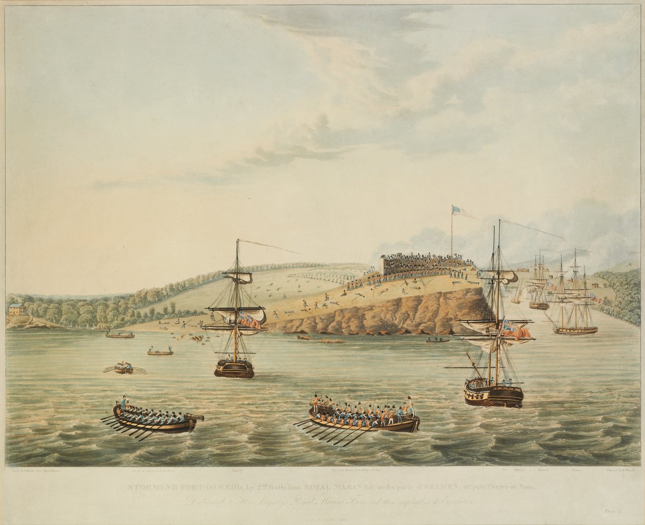 Angriff auf Fort Oswego, Lake Ontario, Nordamerika. 6. Mai 1814, Mittag, und Sturm auf Fort Oswego durch das zweite Bataillon der Royal Marines und eine Gruppe von Seeleuten, 15 Minuten nach zwölf Uhr mittags, graviert von R. Havell, 1815 von Lieutenant J. Hewitt