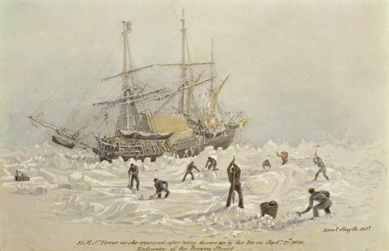 Vorfälle auf einer Handelsreise: HMS Terror, wie sie nach dem Aufwerfen durch das Eis im Frozen Channel am 27. September 1836 erschien von Lieutenant Smyth