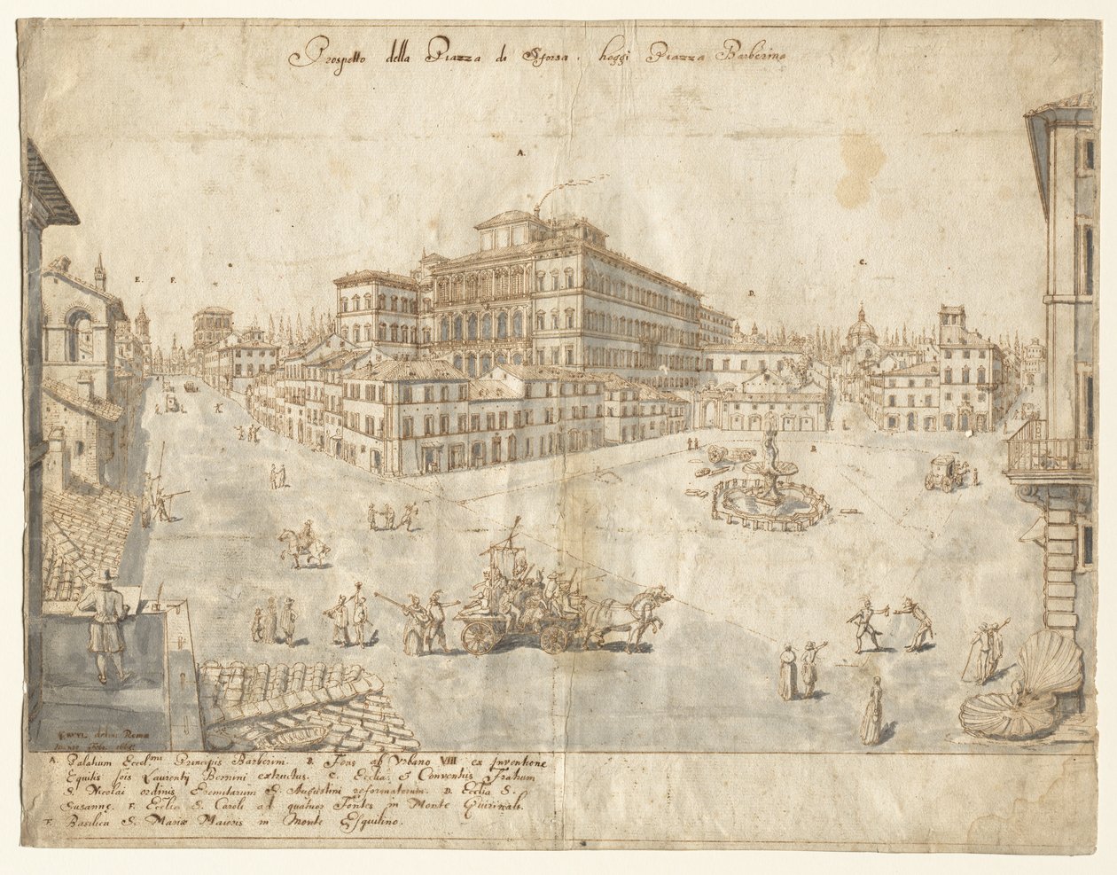 Achtzehn Ansichten von Rom: Die Piazza Barberini (recto) von Lievin Cruyl