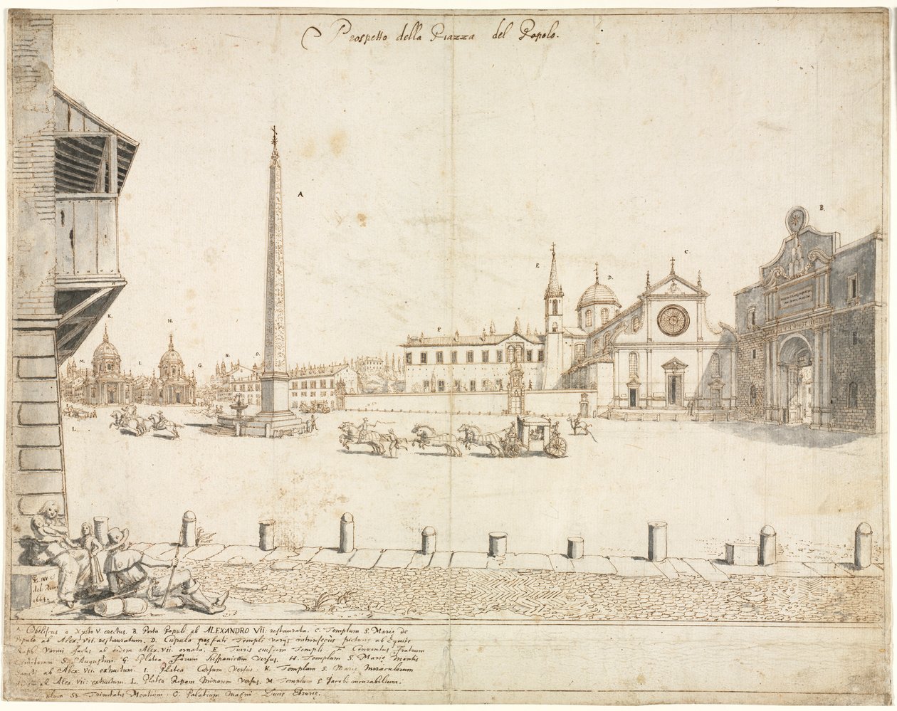 Achtzehn Ansichten von Rom: Die Piazza del Popolo (recto) von Lievin Cruyl