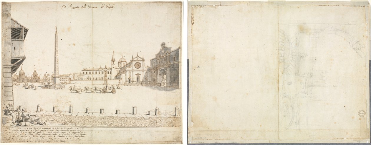 Achtzehn Ansichten von Rom: Die Piazza del Popolo (recto); Skizze für San Giovanni in Laterano (verso) von Lievin Cruyl