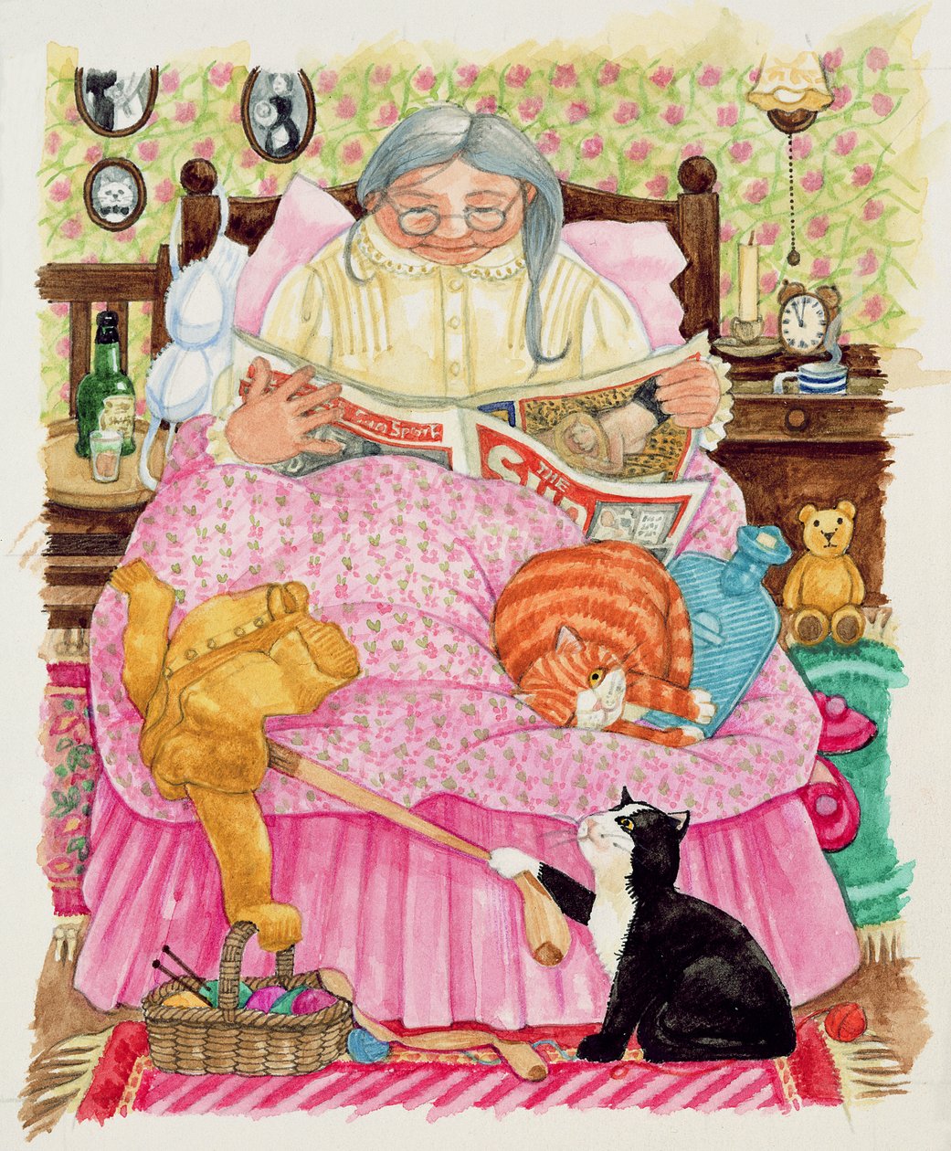 Großmutter und 2 Katzen und ein pinkes Bett von Linda Benton