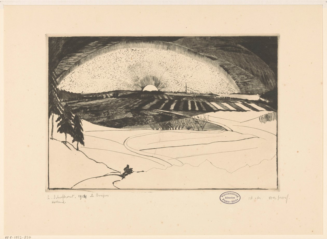 Auf- oder untergehende Sonne über einer Hügellandschaft von Lodewijk Schelfhout (signed by artist)