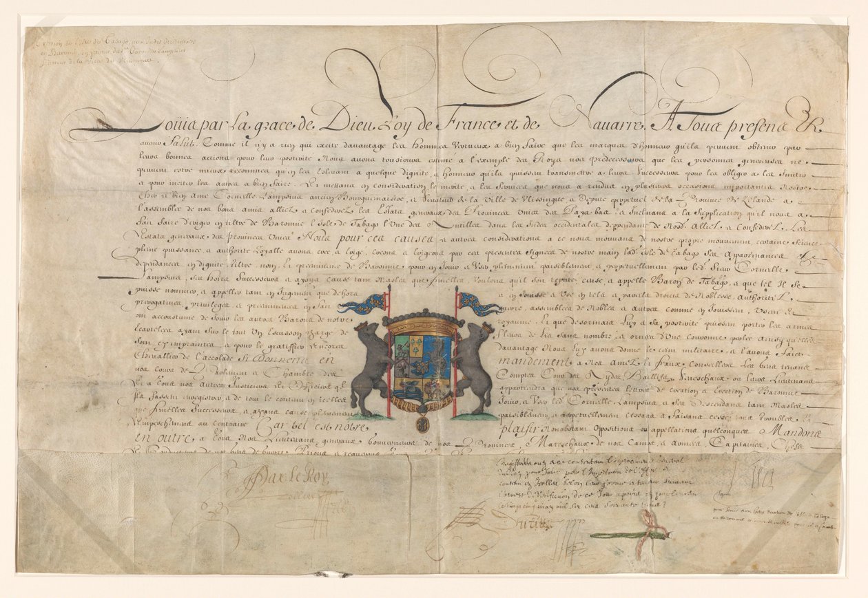 Diplom, das Ludwig XIV. Cornelis Lampsins zum Baron von Tobago und Ritter des Ordens von St. Michel erhob von Lodewijk XIV (koning van Frankrijk) (signed by artist)