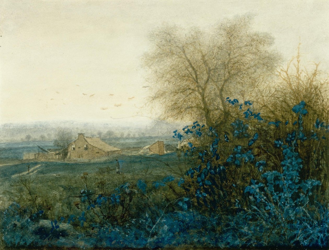 Landschaft mit Bauernhaus und Bauer mit Schubkarre von Léon Bonvin