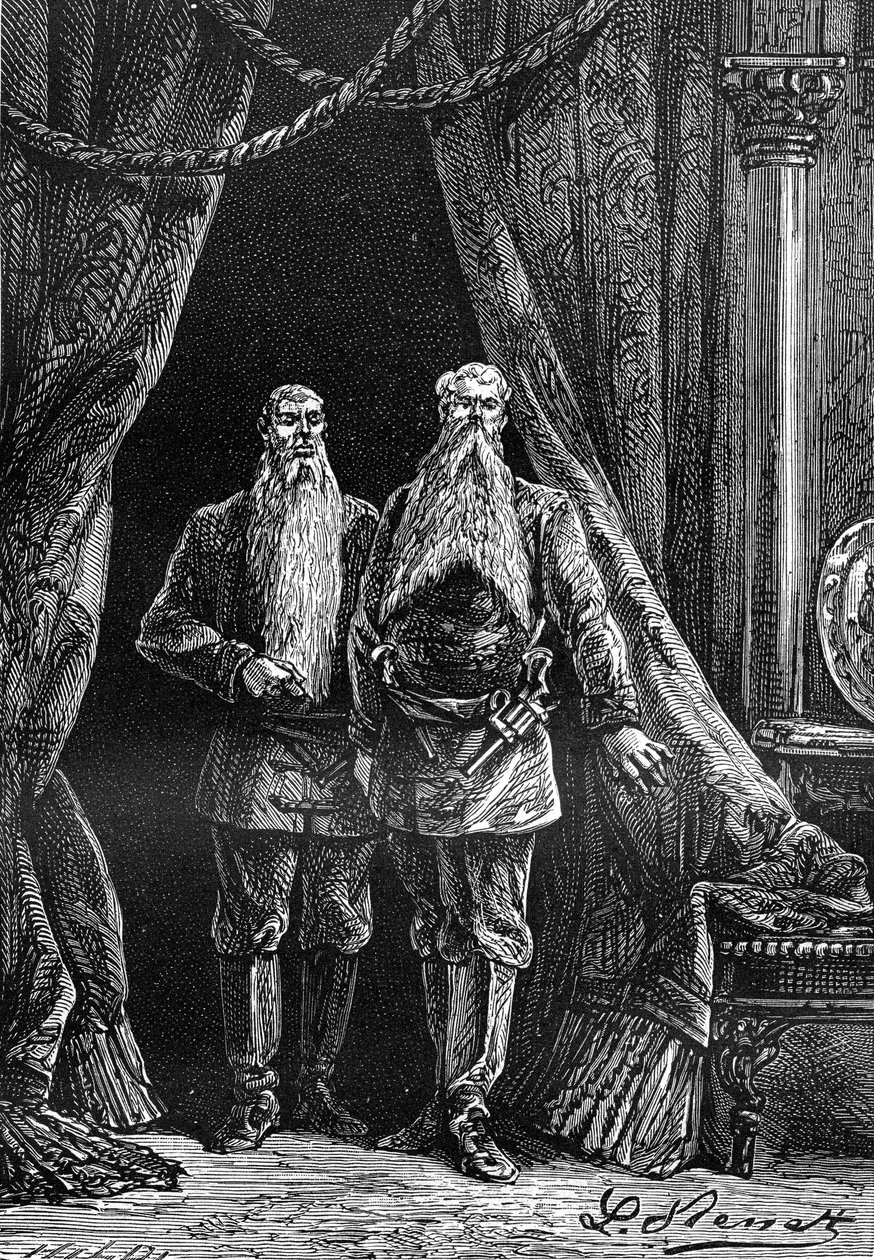 Zeichnung von Leon Benett, aus dem Buch von Jules Verne „Die 500 Millionen der Begum“ - Hetzel-Ausgabe / Außergewöhnliche Reisen 1879. Erscheinung von Arminius und Sigimer, zwei beeindruckende Bärtige. von Léon Benett