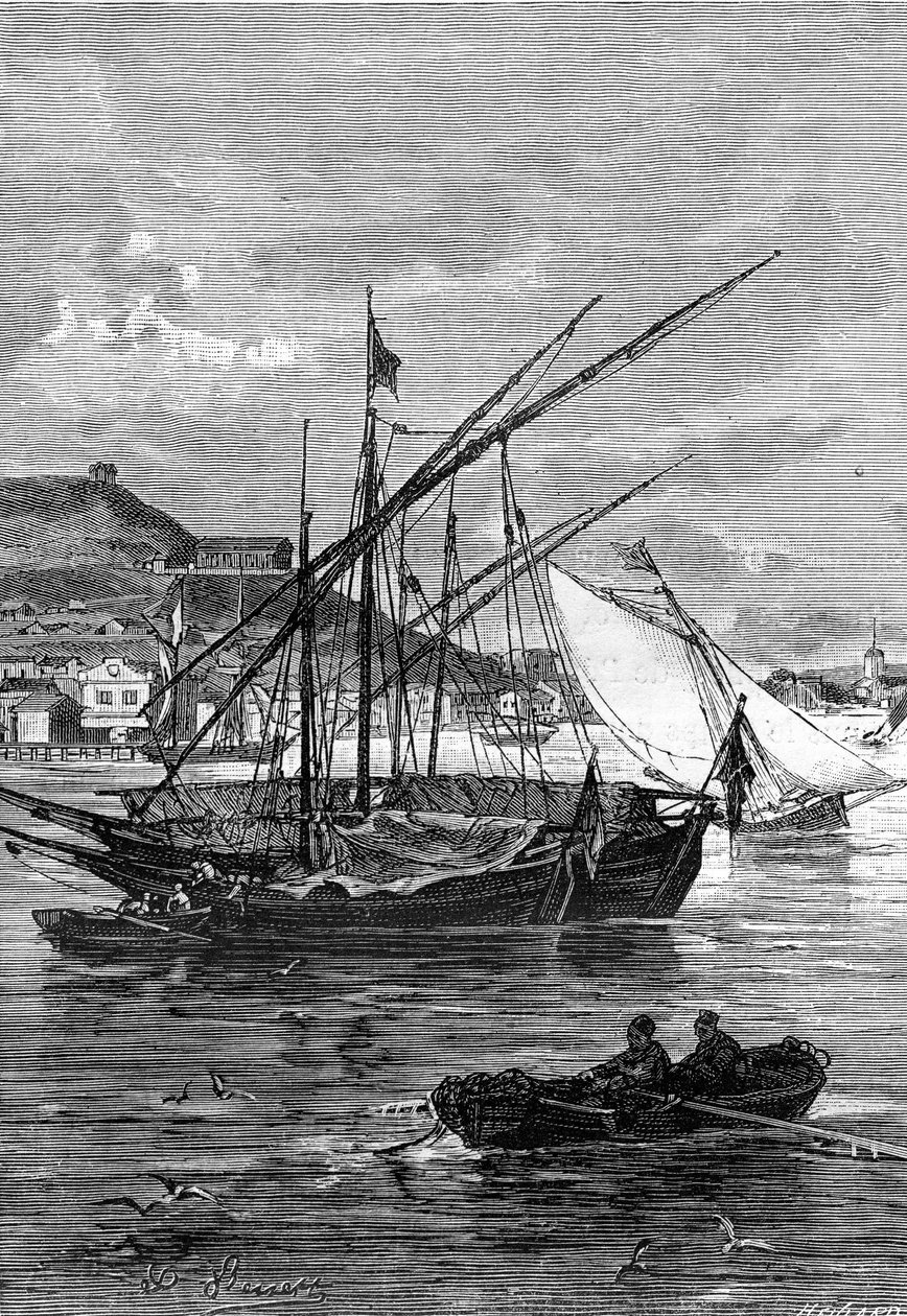 Illustration von Jules Vernes Roman „Keraban der Starrkopf“, Hetzel-Sammlung/Außergewöhnliche Reisen 1883. Zeichnung von Leon Benett: der Hafen von Kertsch (Krim), an der Straße von Ienikale, zwischen dem Schwarzen Meer und dem Asowschen Meer von Léon Benett