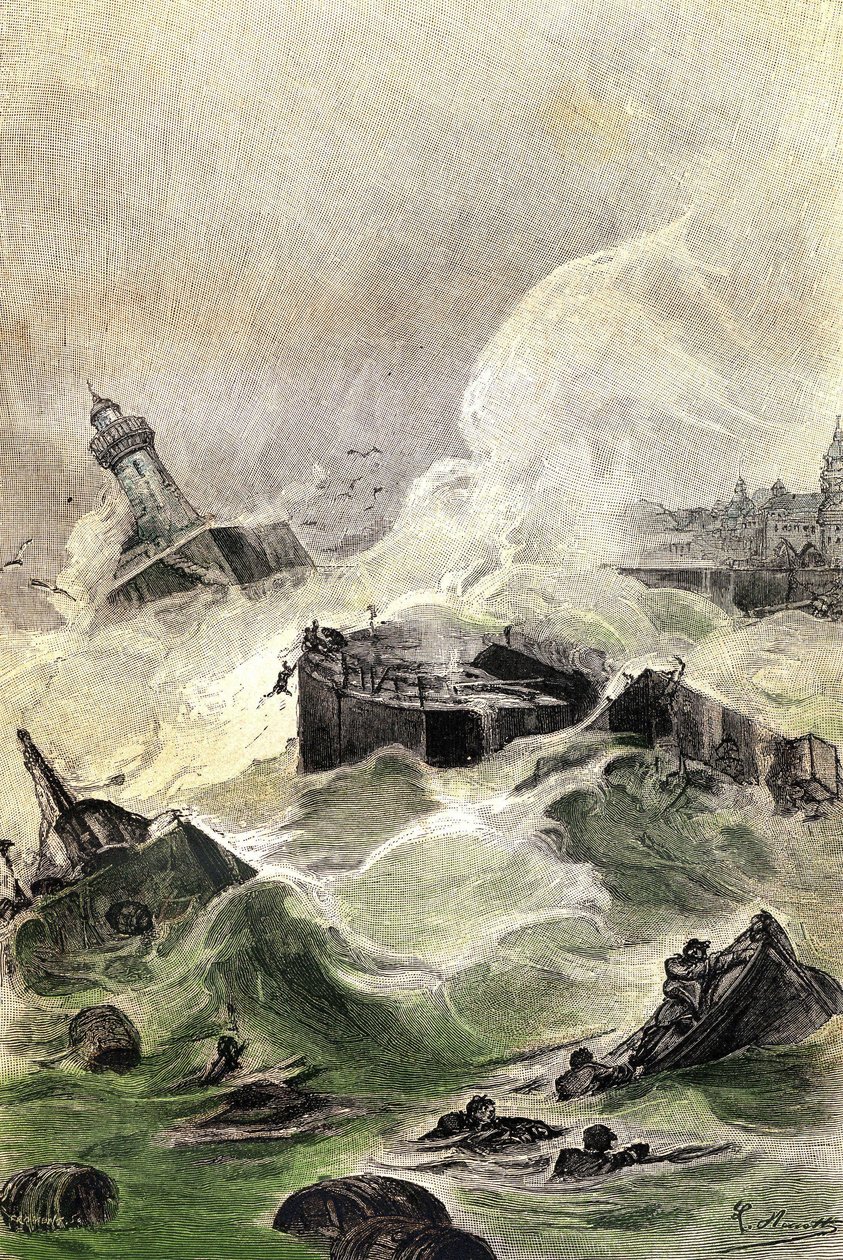 Illustration von Jules Vernes Roman „Die Propellerinsel“, Hetzel-Ausgabe / Außergewöhnliche Reisen 1895, Zeichnung von Leon Benett. Die riesige schwimmende Insel beginnt zu zerbrechen und zu sinken. von Léon Benett