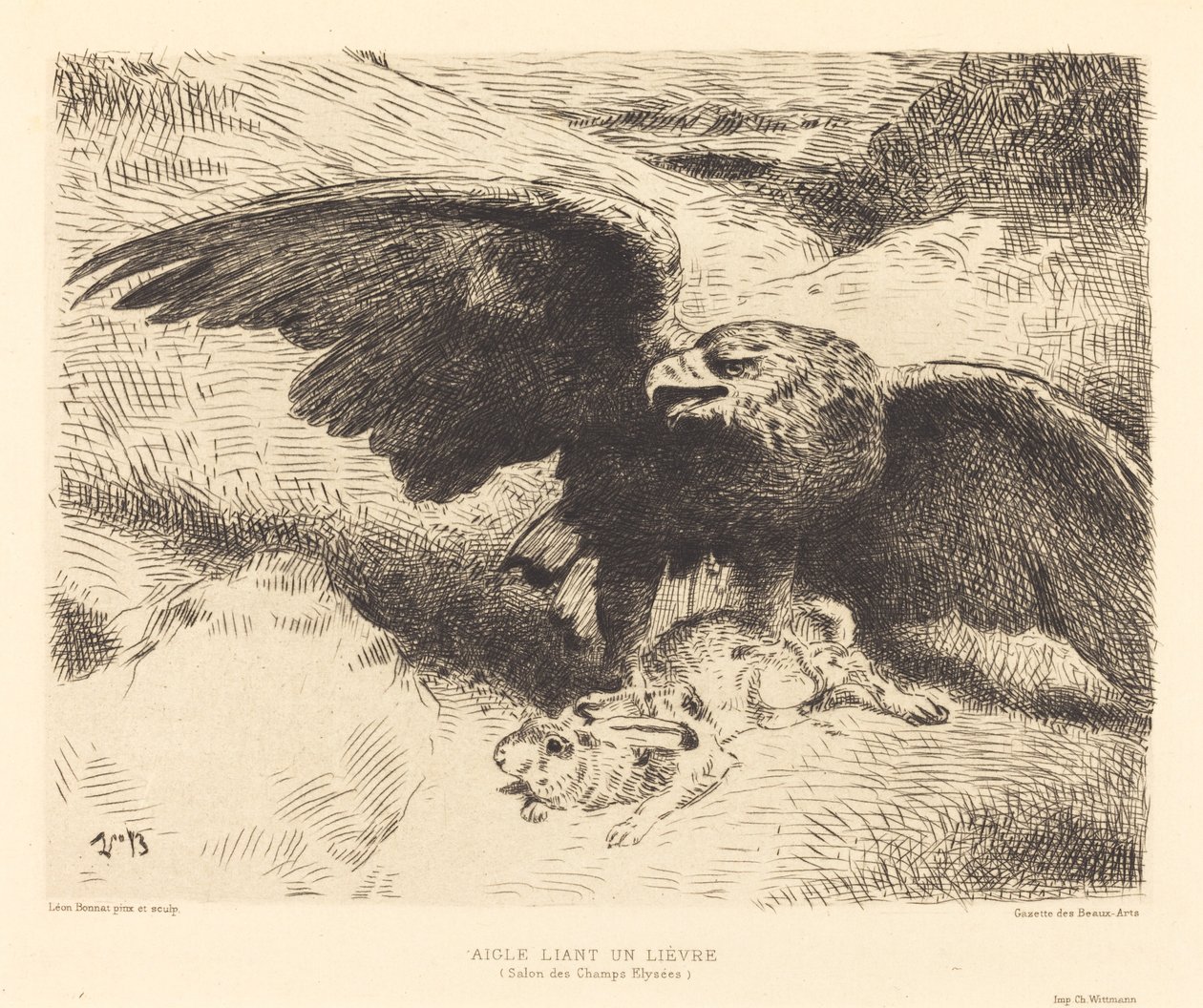 Ein Adler stürzt sich auf einen Hasen von Léon Bonnat