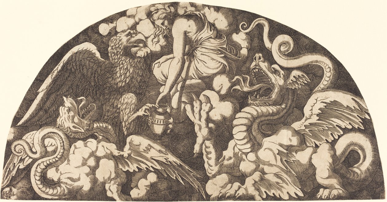 Jupiter bringt Psyche das Wasser des Styx von Léon Davent after Giulio Romano