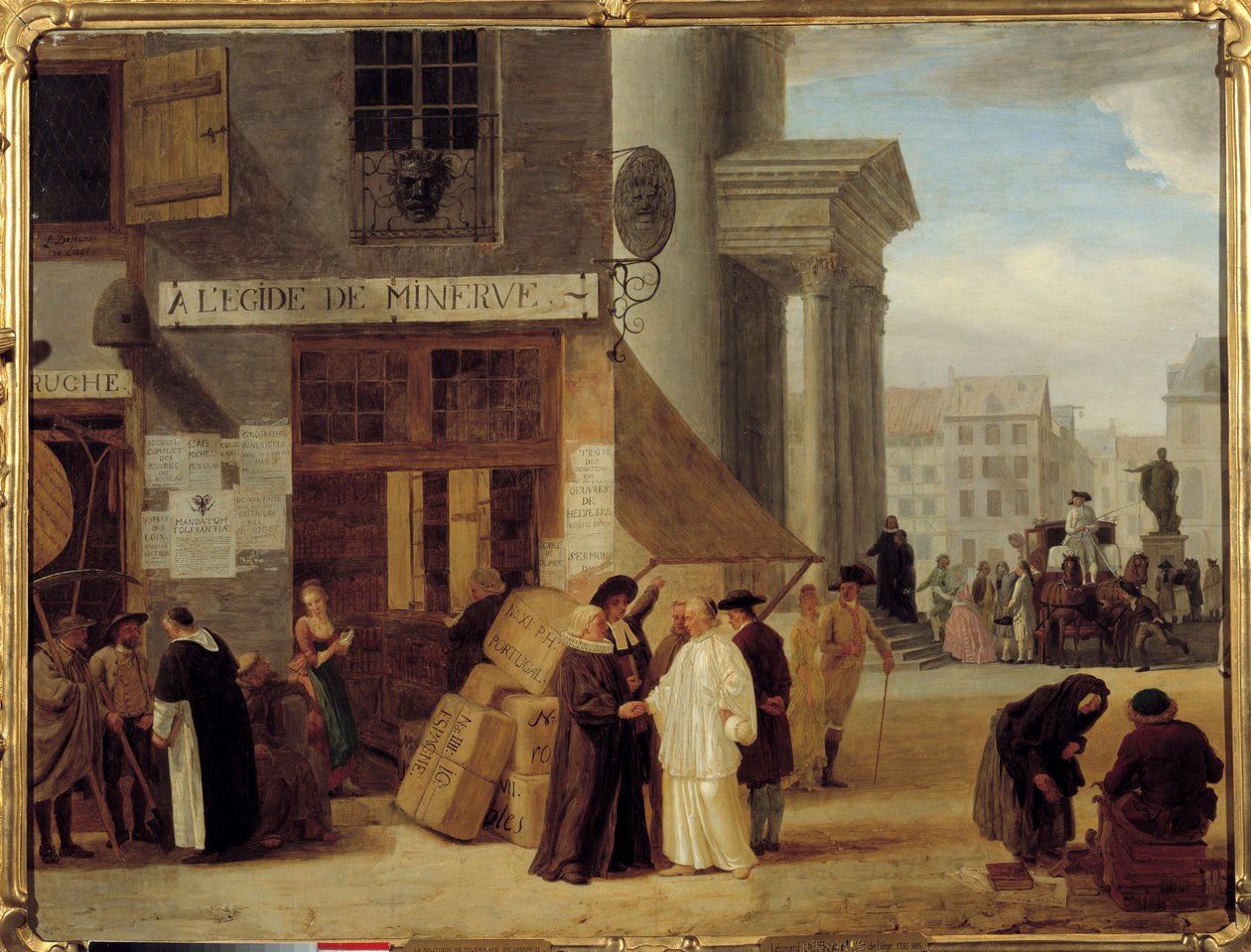 Unter dem Schutz von Minerva, eine Buchhandlung in Lüttich, Belgien, die Bücher verkaufte, die von der Obrigkeit oder der Kirche verboten waren. Joseph II.s Toleranzpolitik (1741-1790) zugunsten der Enzyklopädisten von Léonard Defrance