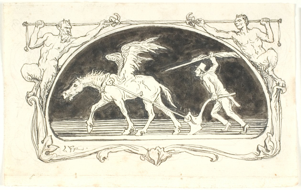 Vignette mit einem erschöpften Pegasus vor einem Pflug, der von einem Mann mit hohem Hut und einer großen Feder angetrieben wird von Lorenz Frølich