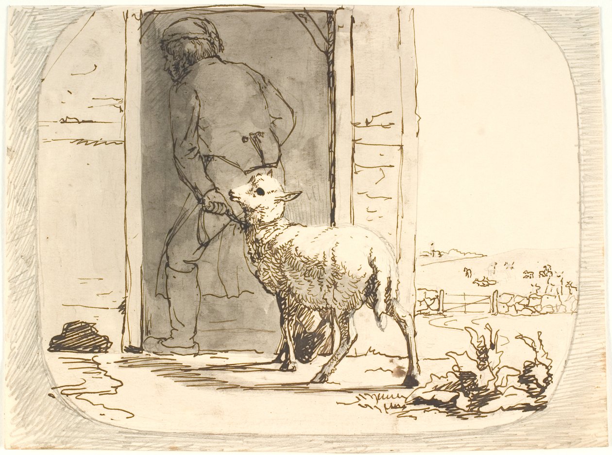 Ein Lamm wird in den Stall geführt von Lorenz Frølich