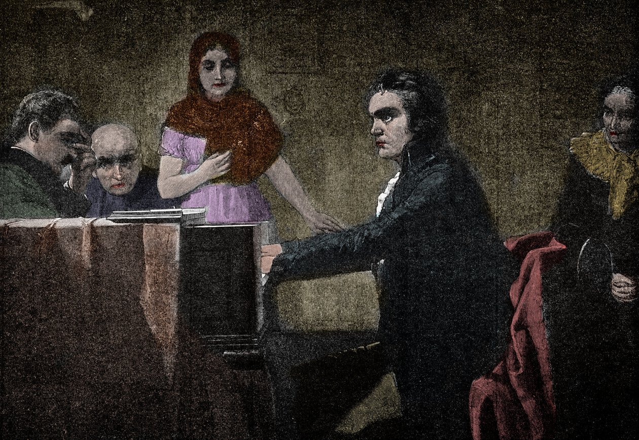 Ludwig van Beethoven spielt die Mondscheinsonate - Gravur nach Lorenz Vogel - Ludwig van Beethoven (1770-1827), deutscher Musiker, spielt die Sonate in UT-Moll (Mondschein - Mondschein) nach dem Gemälde von Lorenz Vogel (1846-1902) von Lorenz Vogel