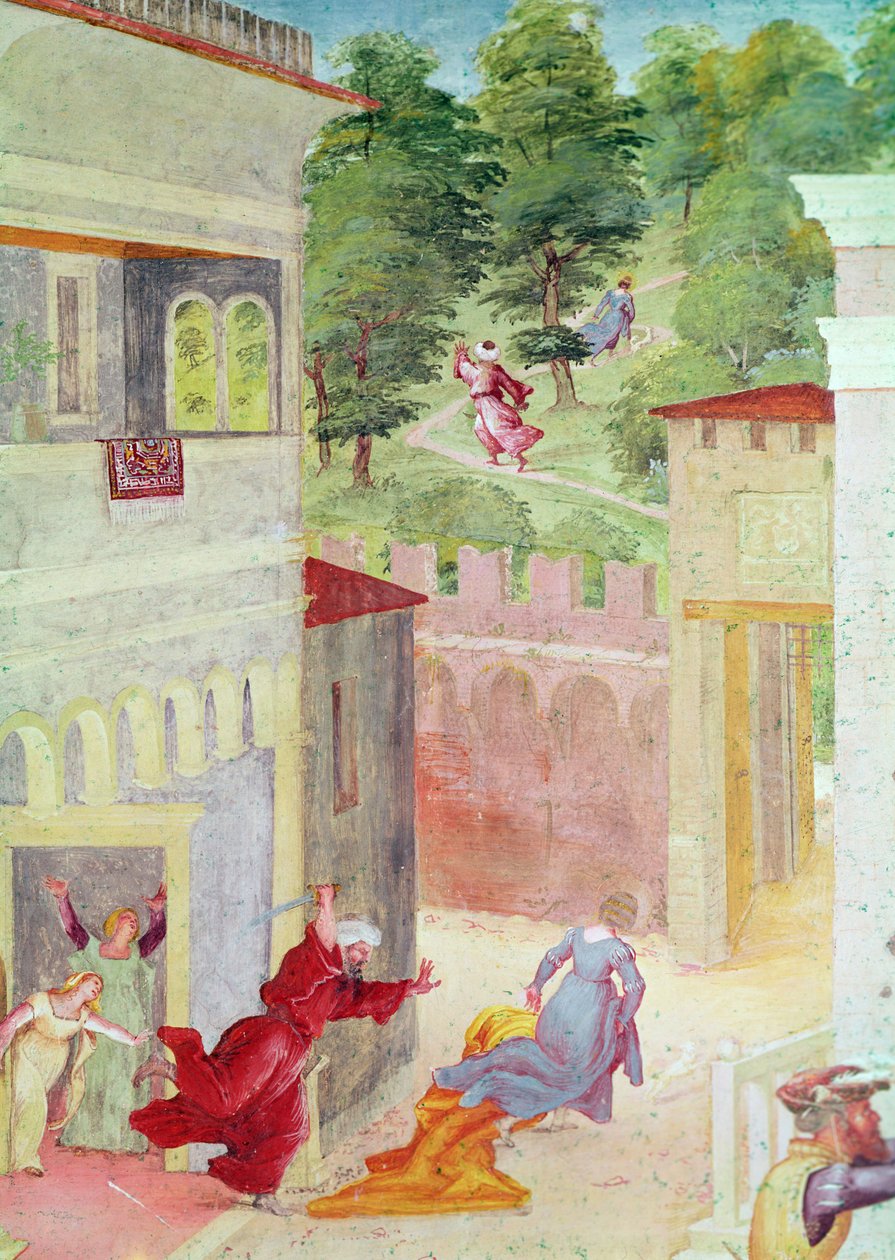 Szenen aus dem Leben der hl. Barbara, Detail der hl. Barbara, die von ihrem Vater bedroht wird, ca. 1523-24 von Lorenzo Lotto