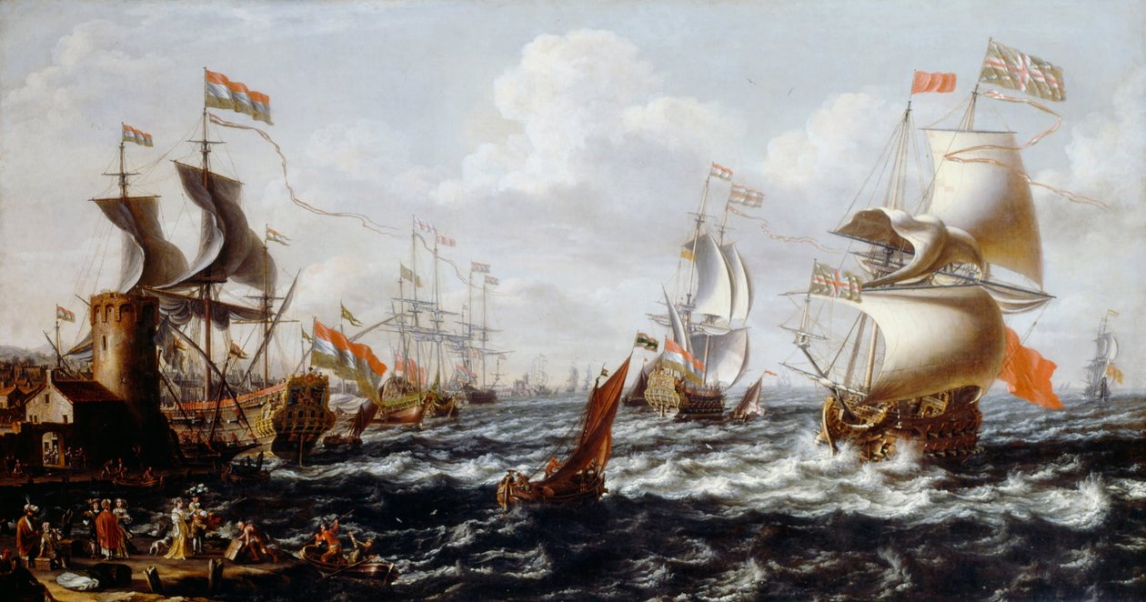 Schiffe in rauem Wasser vor einem Mittelmeerhafen von Lorenzo a Castro