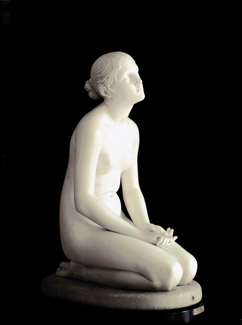 Vertrauen in Gott. Ein junges Mädchen kniet und richtet ihren Blick im Gebet zum Himmel. Marmorskulptur von Lorenzo Bartolini (1777-1850) 1835 von Lorenzo Bartolini