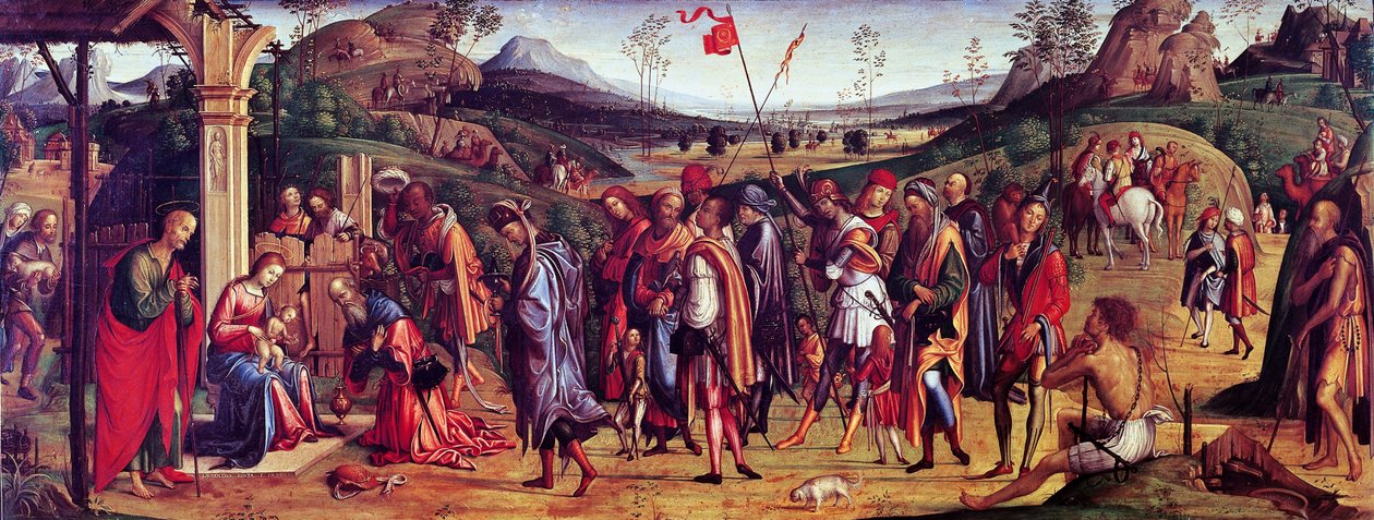 Anbetung der Könige von Lorenzo Costa (1460-1535), Öl auf Leinwand, 75x181 cm von Lorenzo Costa