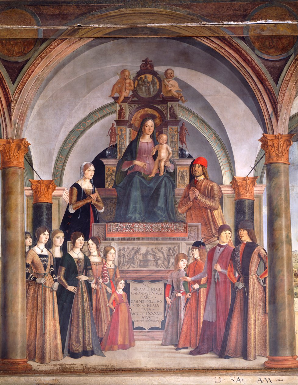 Madonna mit Kind und Engeln, von Lorenzo Costa, Bentivoglio-Kapelle in der Kirche San Giacomo Maggiore, Bologna, Italien von Lorenzo Costa