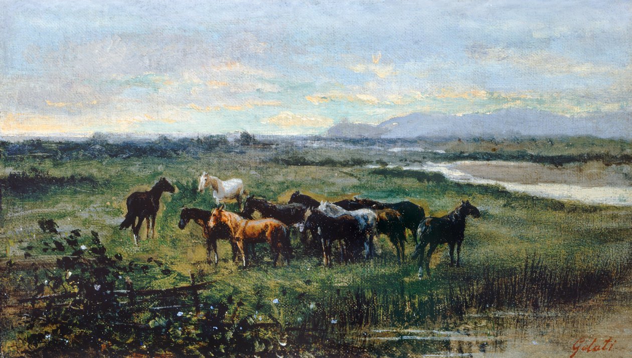 Wilde Pferde, um 1870, Öl auf Leinwand auf Holz übertragen, 21x37 cm von Lorenzo Gelati
