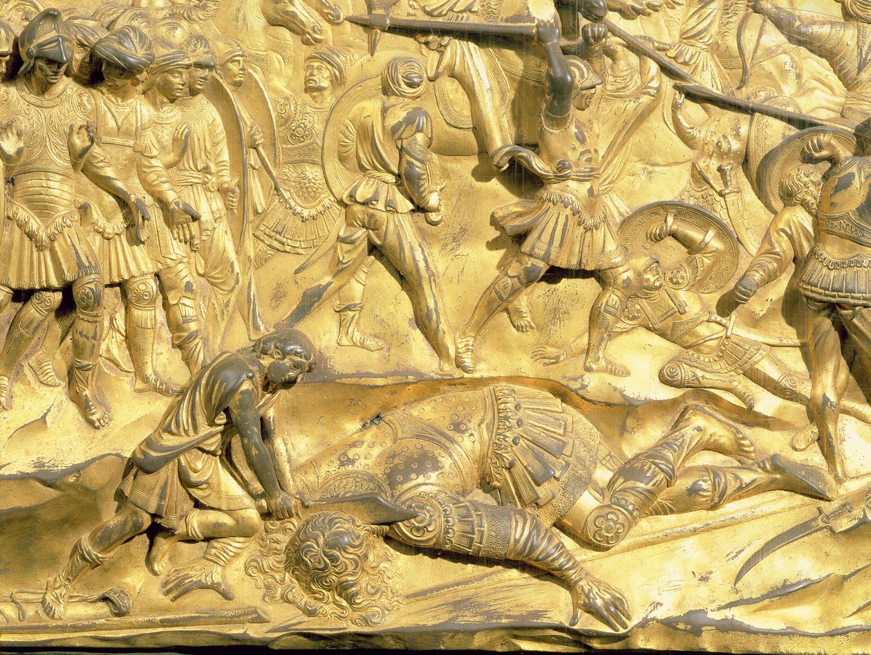 David und Goliath, Detail vom Originalpanel der Osttüren des Baptisteriums, 1425-52 (vergoldete Bronze) (nach der Restaurierung) von Lorenzo Ghiberti