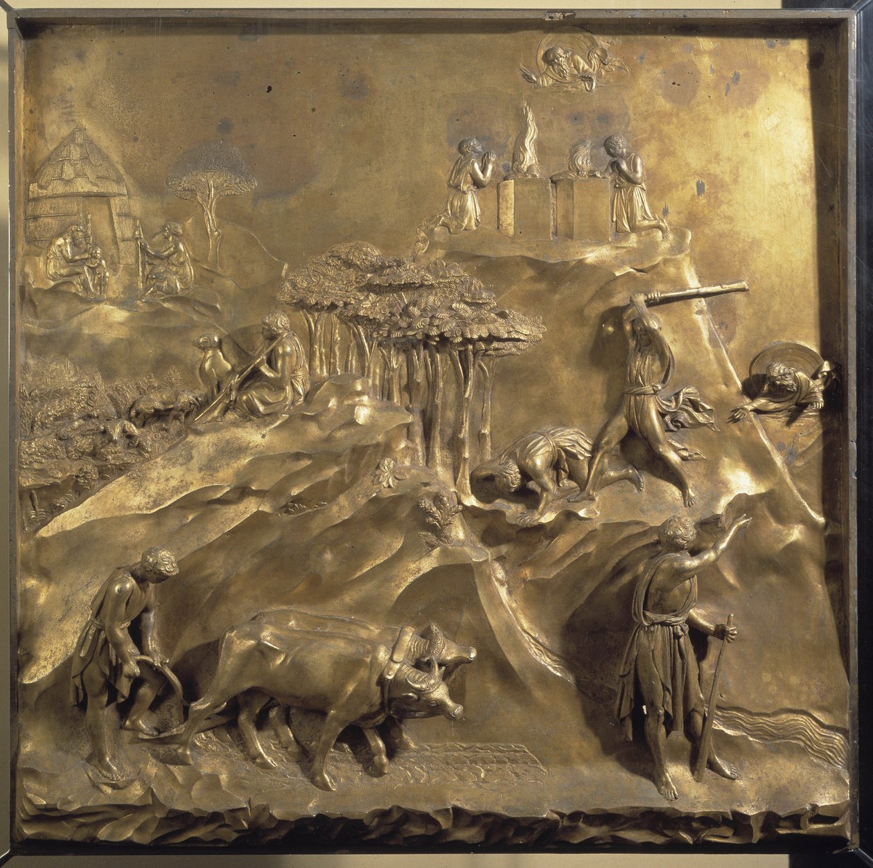 Leben von Kain und Abel: das Opfer, der Mord an Abel und Gott verbannt Kain. Originaltafel der Tür des Paradieses von Lorenzo Ghiberti