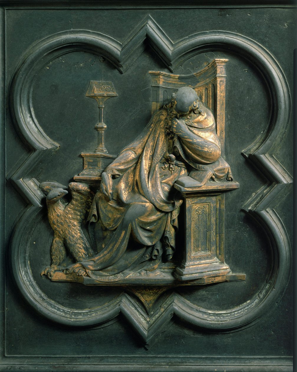 Nordtor (genannt Kreuztor, im Norden), Außendetail: Heiliger Johannes Evangelist. Bronzeskulptur von Lorenzo Ghiberti von Lorenzo Ghiberti