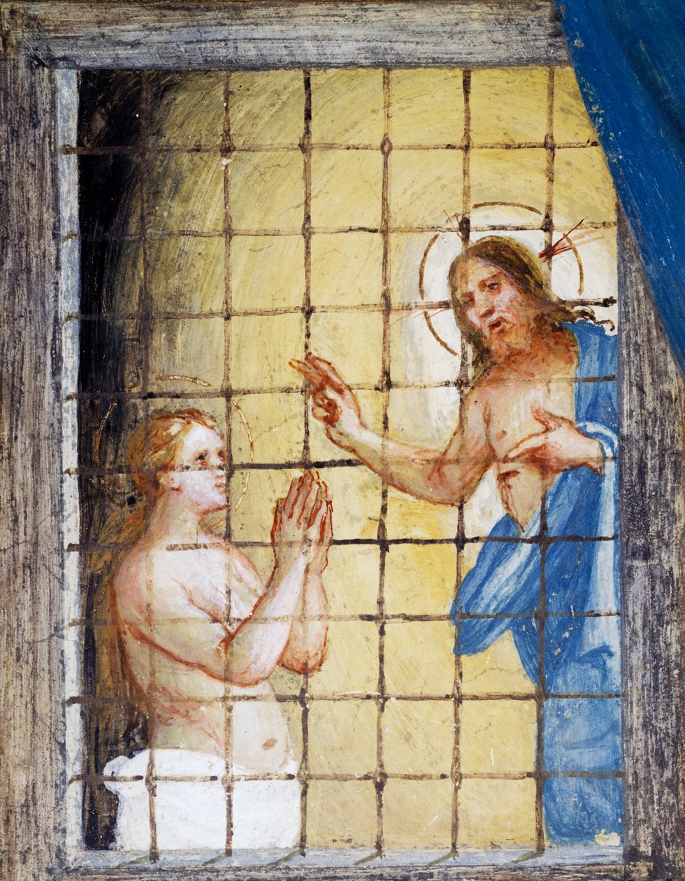 Christus besucht die heilige Barbara im Gefängnis und heilt sie, Detail aus Geschichten der heiligen Barbara von Lorenzo Lotto