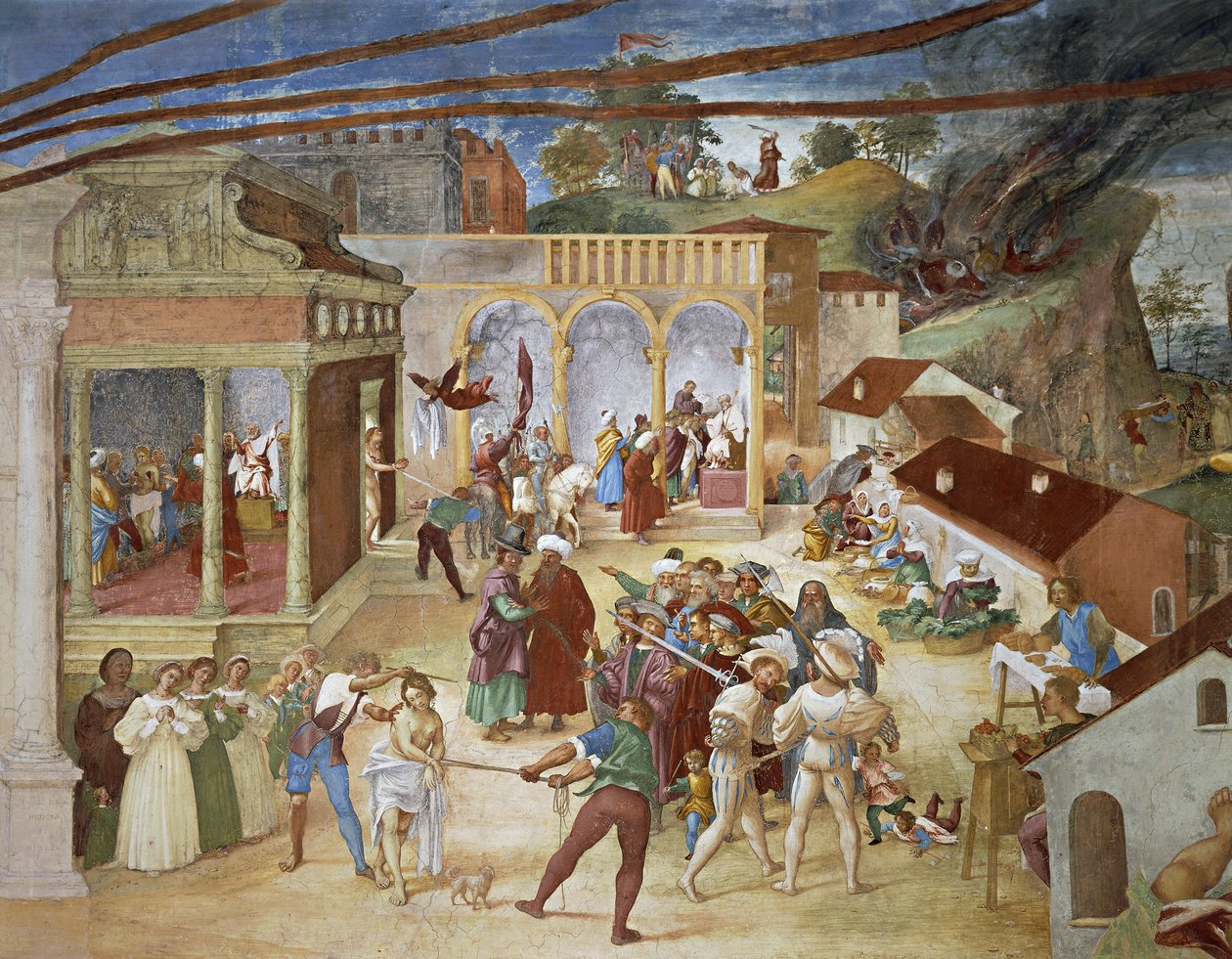 Die heilige Barbara wird durch die Straßen der Stadt geführt, Detail aus Christus-Weinrebe und Legende der heiligen Barbara von Lorenzo Lotto (Detail) von Lorenzo Lotto
