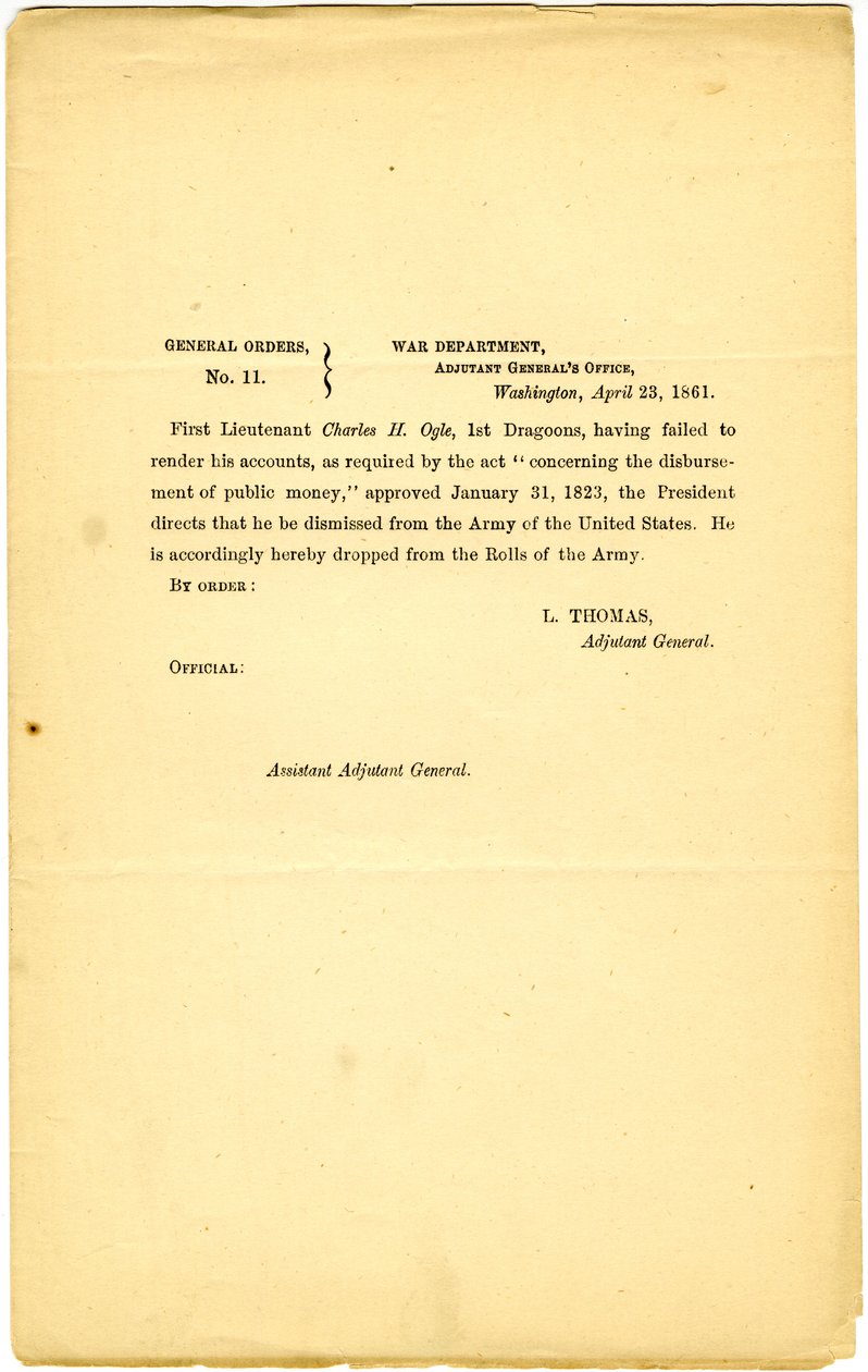 Allgemeine Befehle, Nr. 11, Kriegsministerium, Büro des Generaladjutanten, Washington, 23. April 1861 von Lorenzo Thomas