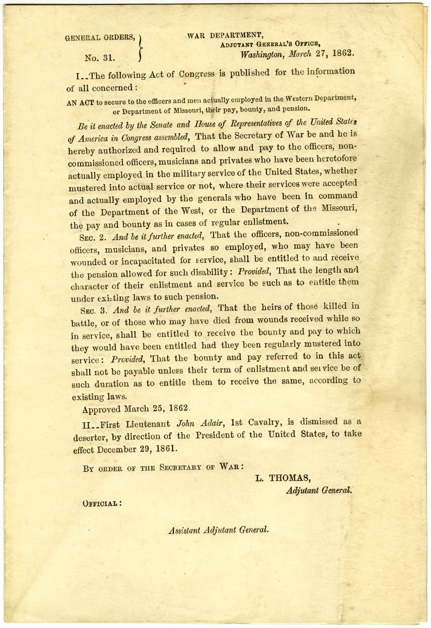 Veröffentlichung eines Gesetzes des Kongresses, das Gehalt, Prämie und Rente für Offiziere und Männer im Western Department oder Department of Missouri sichert von Lorenzo Thomas
