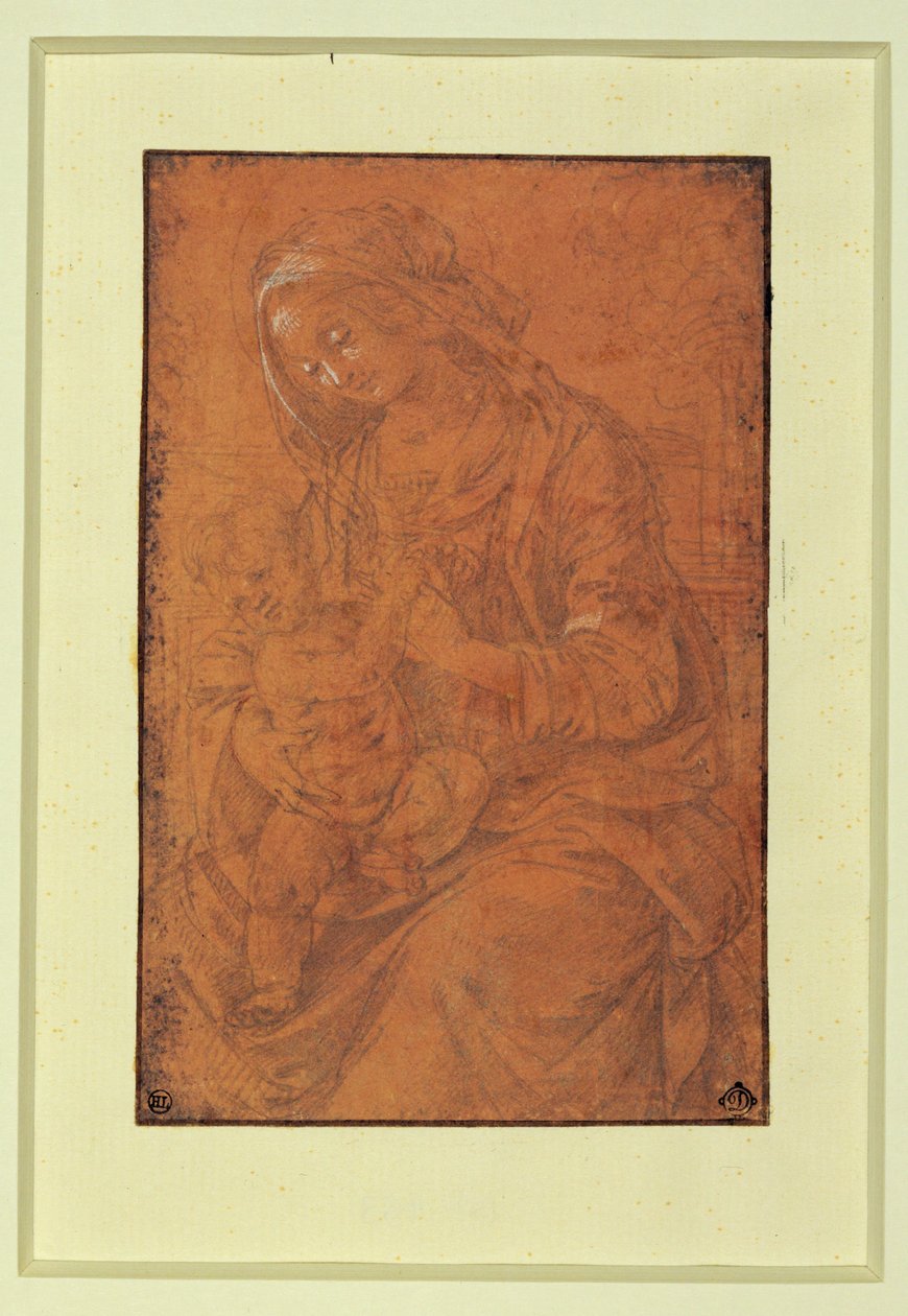 Madonna. Silberstift, gehöht auf lachsfarbenem Papier von Lorenzo di Credi