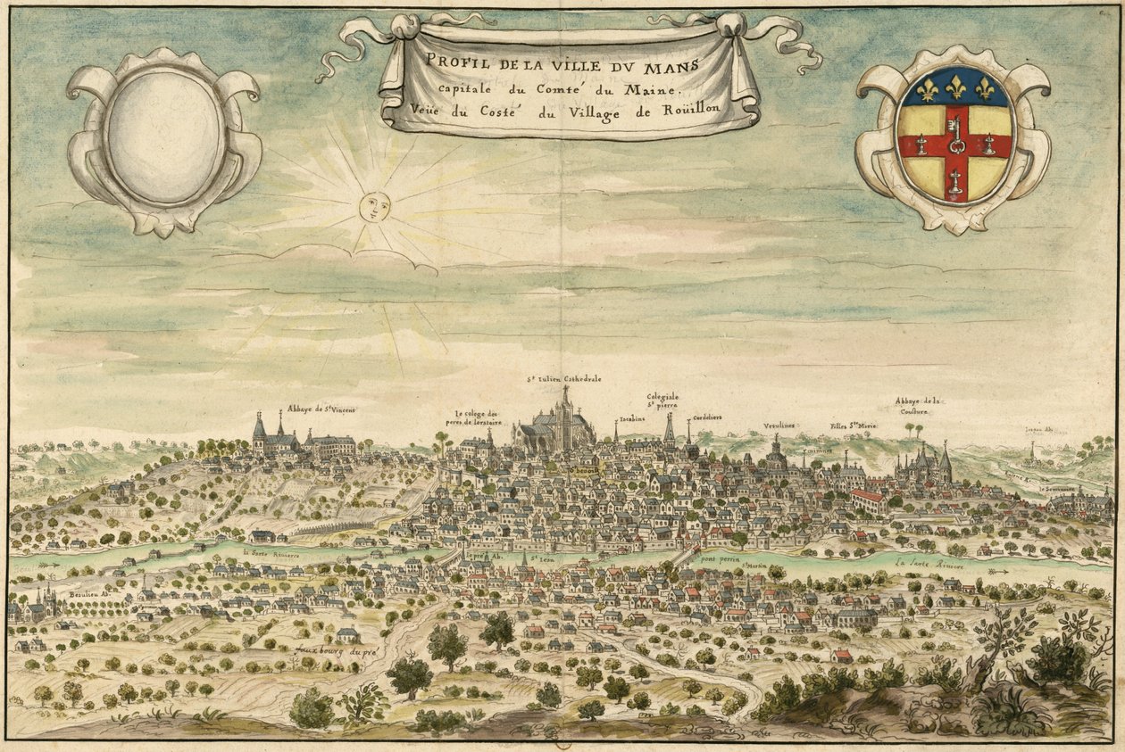 Profil der Stadt Le Mans, Hauptstadt der Grafschaft Maine. Ansicht von der Seite des Dorfes Roüillon von Louis Boudan
