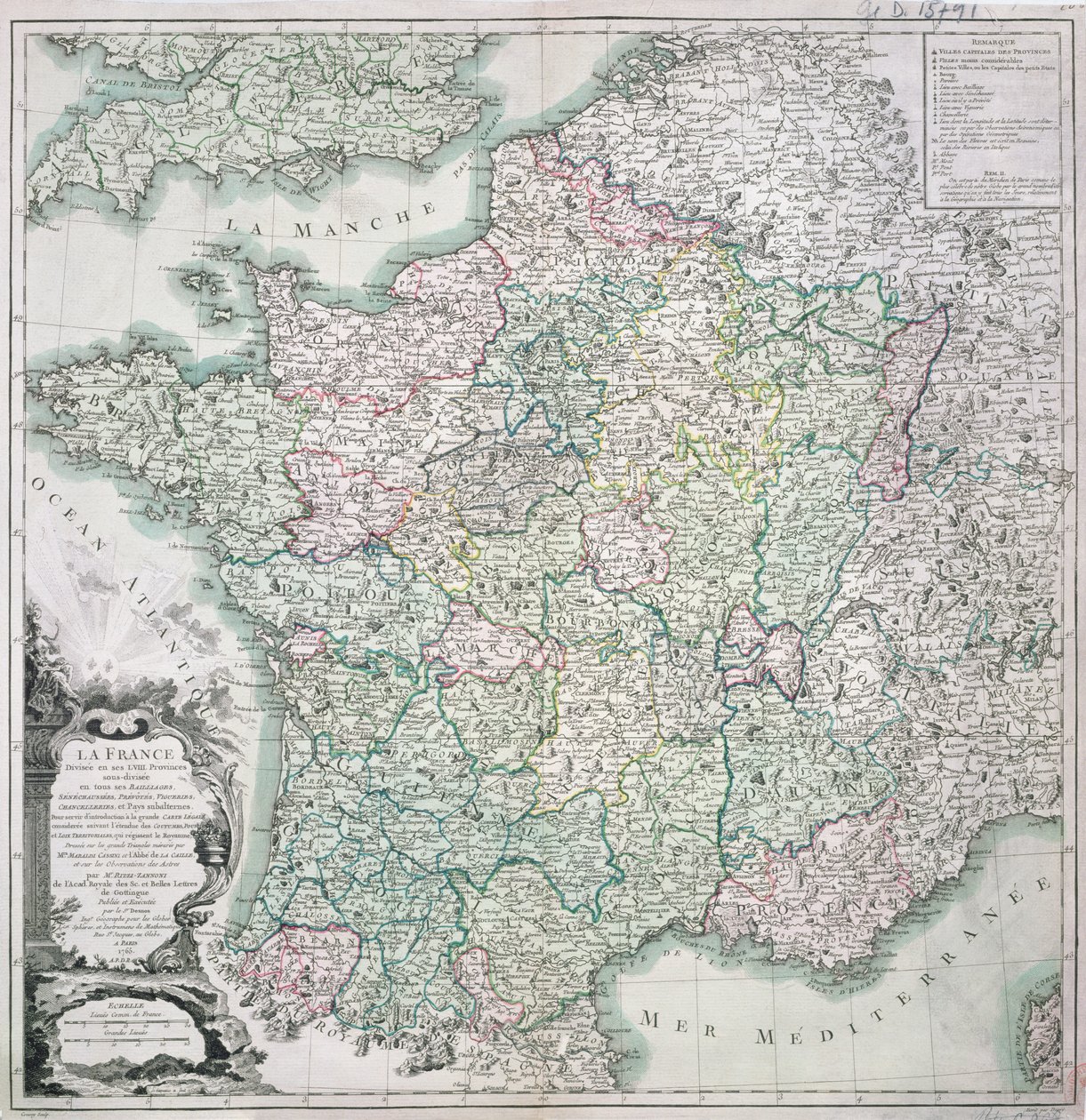 Karte von Frankreich, unterteilt in 58 Provinzen, 1765 von Louis Charles Desnos