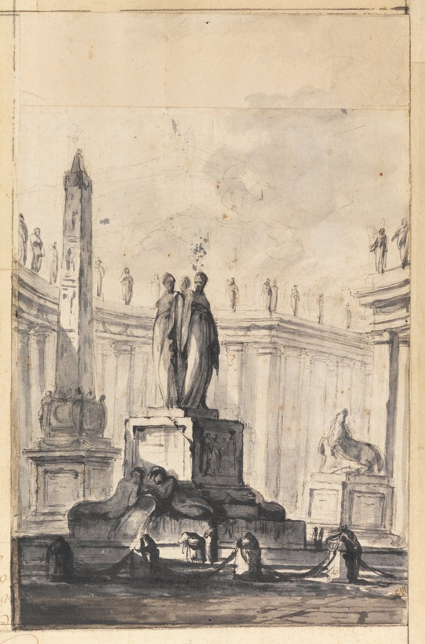 Architektonische Fantasie mit Brunnen und Obelisk von Louis Joseph Le Lorrain