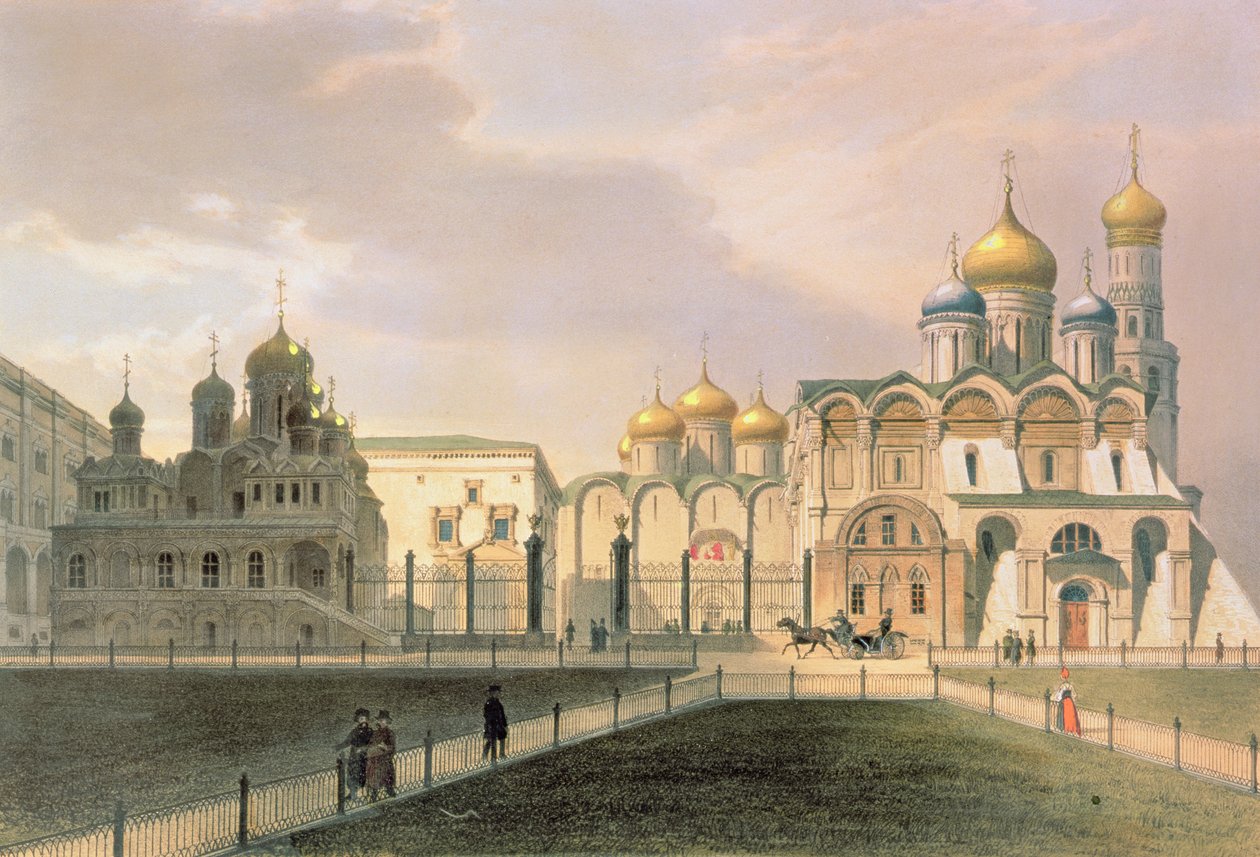 Ansicht der Kathedralen im Moskauer Kreml, gedruckt von Lemercier, Paris, 1840er Jahre von Louis Jules Arnout