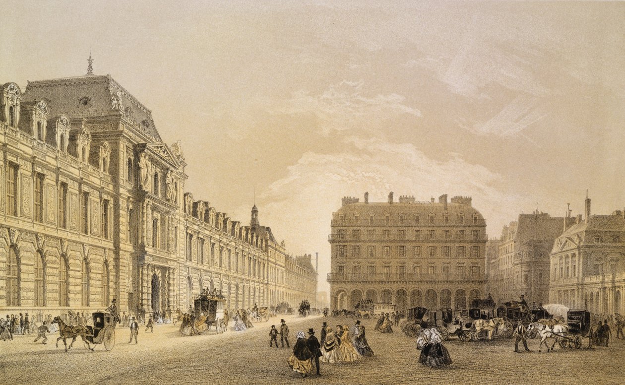 Ansicht der Fassade des Louvre, der Rue de Rivoli und des Palais Royal, 1855 von Louis Jules Arnout