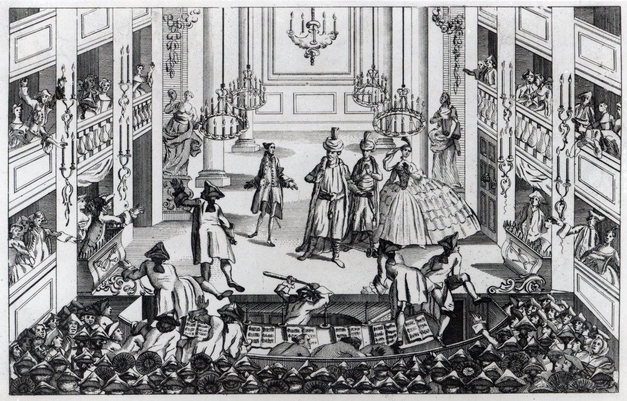 Aufruhr im Covent Garden Theatre 1763 aufgrund der Weigerung der Manager, halben Eintrittspreis für die Oper Artaxerxes zuzulassen von Louis Philippe Boitard