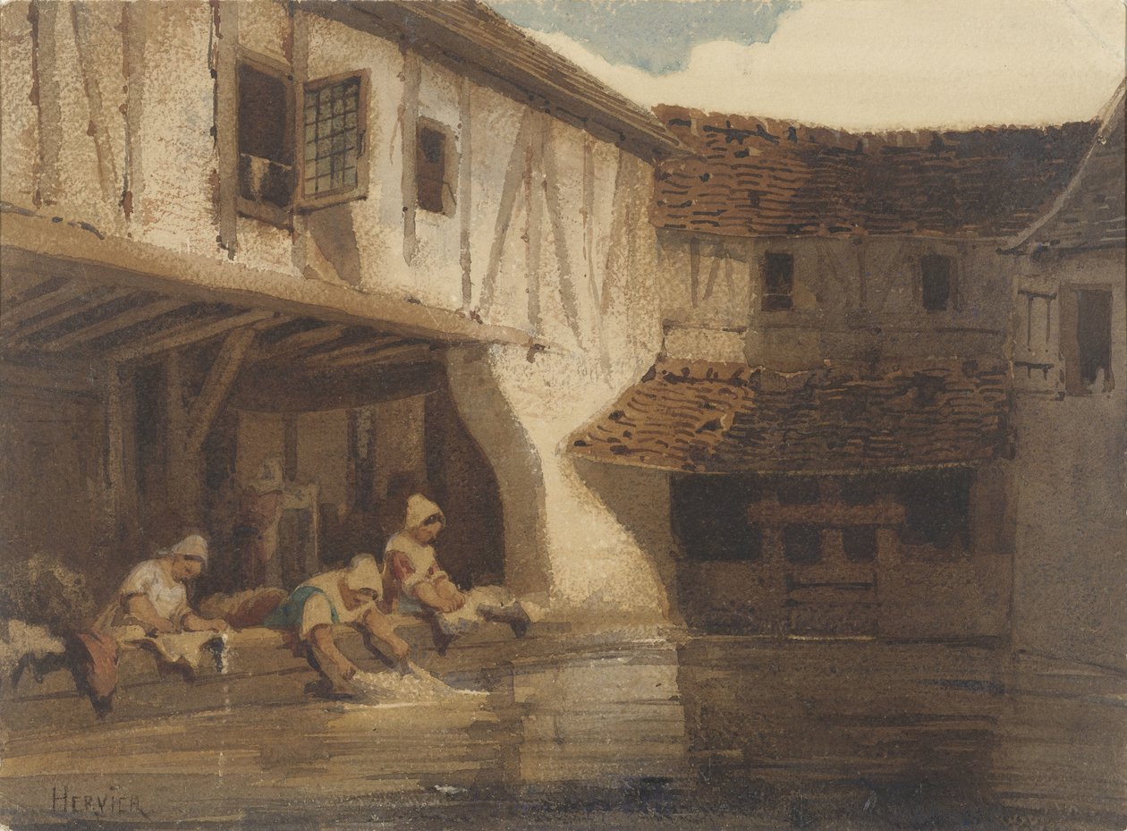 Badende Frauen in einer offenen Halle eines Häuserkomplexes am Wasser von Louis Adolphe Hervier (signed by artist)