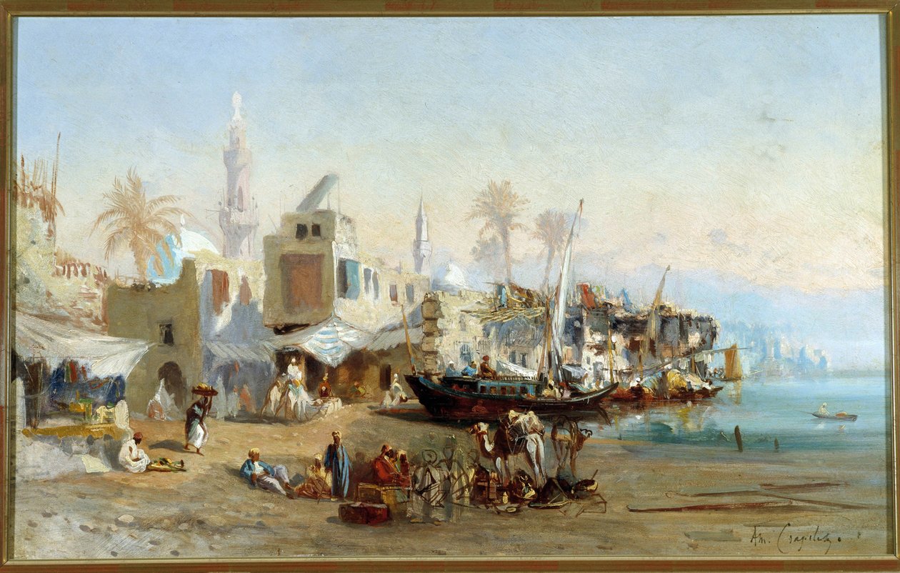 Fischer und Moscheen im Hafen von Boulack in Ägypten. Gemälde von Amable Louis Crapelet (1822-1867). Sammlung Fondation Regards de Provence, Marseille von Louis Amable Crapelet