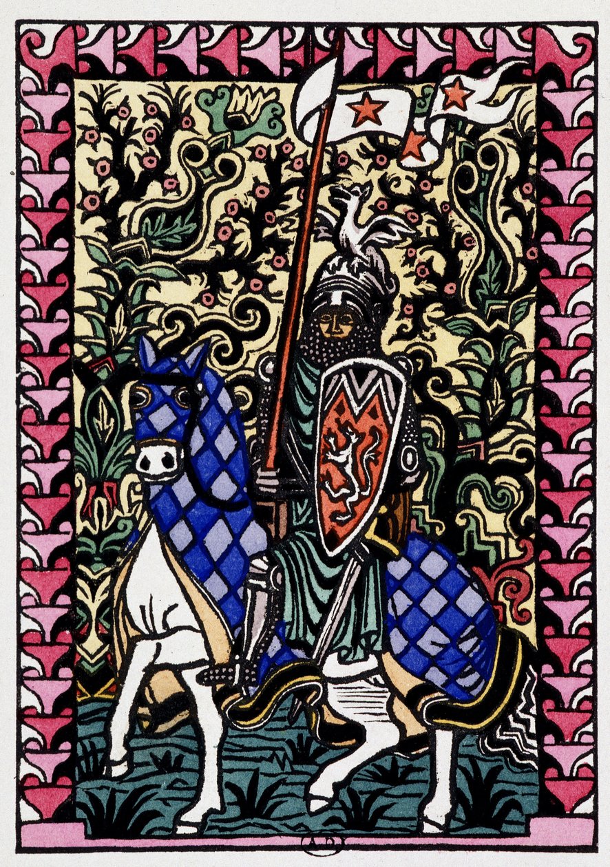 Chevalier - in „Die Lieben von Frene und Galeran erzählt nach Jean Renard, Ende des 12. Jahrhunderts, adaptiert von André Mary“, illustriert mit Holzschnitten von Louis Bouquet, ed. Jonquières, Paris von Louis Bouquet