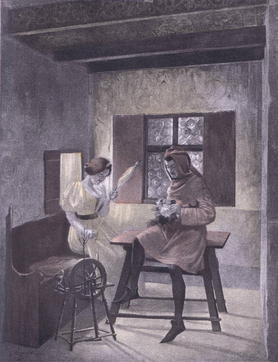 Simona beim Spinnen, Illustration aus Decameron von Boccaccio, veröffentlicht von Navarre Society in den 1930er Jahren von Louis Chalon