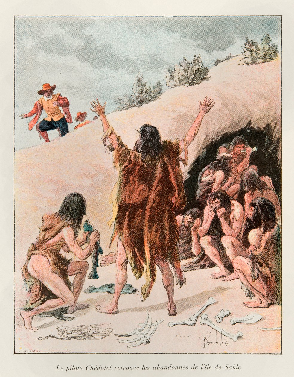 Bombled Louis (1862 - 1927); Chedotel-Pilot fand die verlassene Sable-Insel im Jahr 1603 (Überlebende der Expedition von 1598 des Marquis de la Roche, auf einer Insel in der Nähe von Neufundland); Eugene Guenins Geschichte von Neufrankreich - 1900 - Coll,  von Louis Charles Bombled