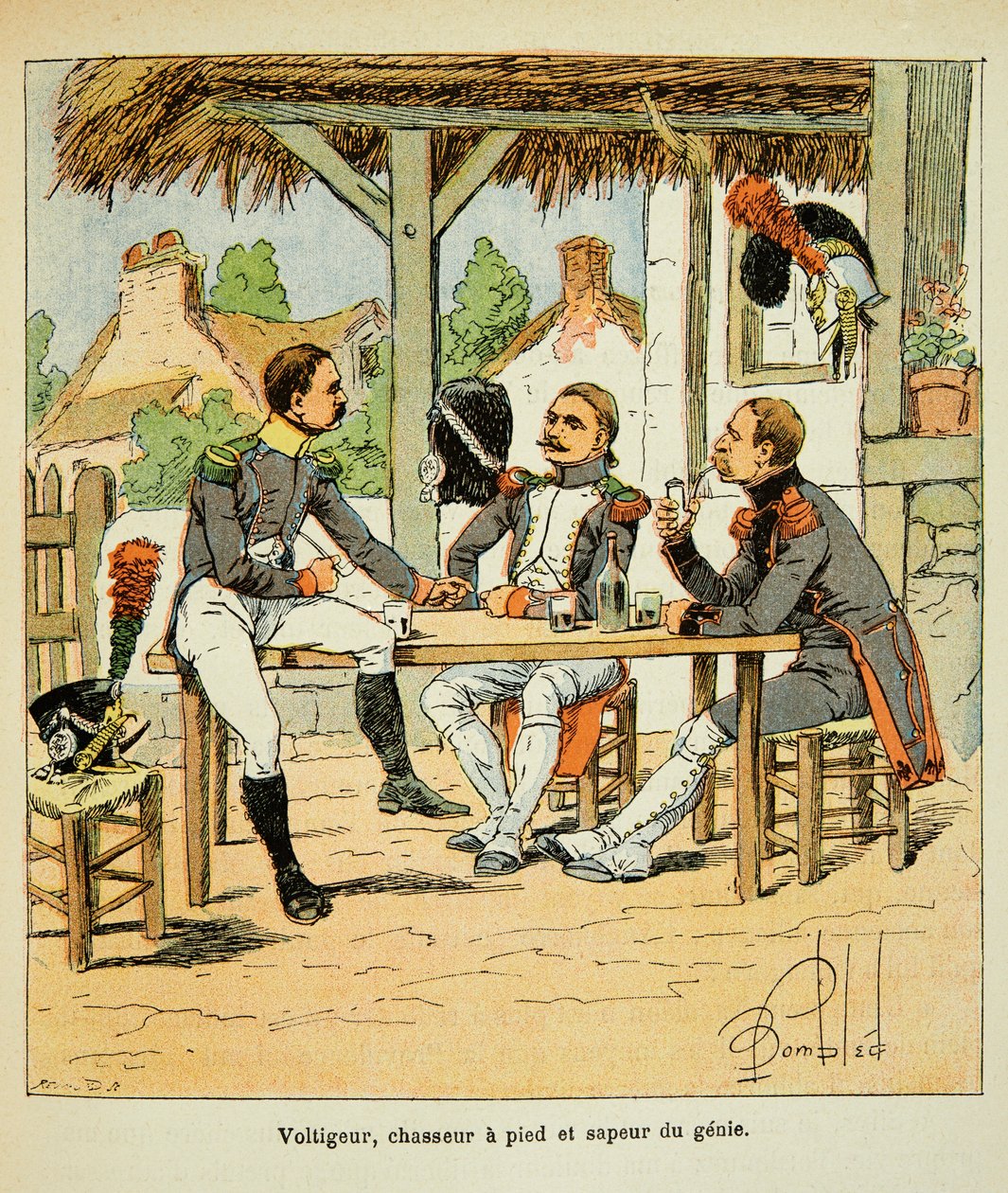 Illustration von Louis Bombled aus dem Buch „Das Memorial von Saint Helene“ von Graf Emmanuel de Las Cases: Französische Armee: Voltigeur; Jäger und Pionier des Genies, Private Sammlung von Louis Charles Bombled