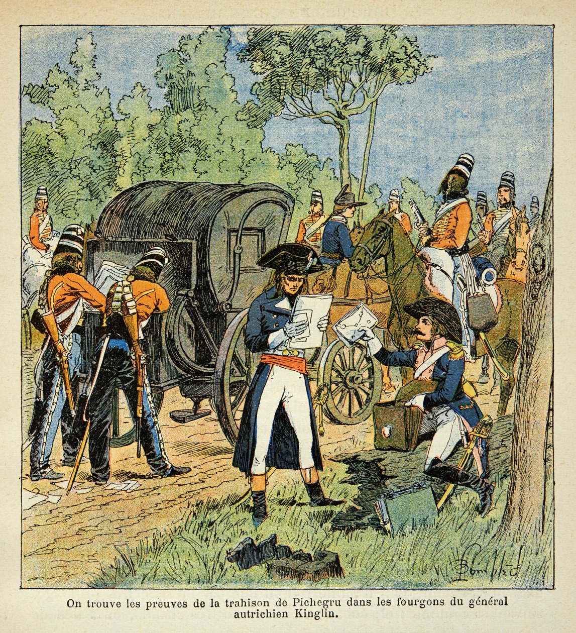 Illustration von Louis Bombled (1862-1927) aus dem Buch „Das Memorial von St. Helena“ von Graf Emmanuel de Las Cases (1766-1842): Während des Rheinübergangs entdeckt Moreau die Korrespondenz zwischen Pichegru und dem Prinzen von Condé von Louis Charles Bombled