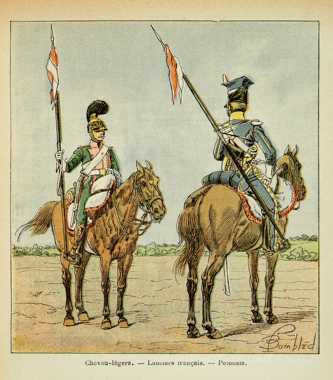 Illustration aus dem Buch „The Memorial of Saint Helene“ von Graf Emmanuel de Las Cases: Leichte Kavallerie der Garde: Französischer und polnischer Lanzenreiter von Louis Charles Bombled