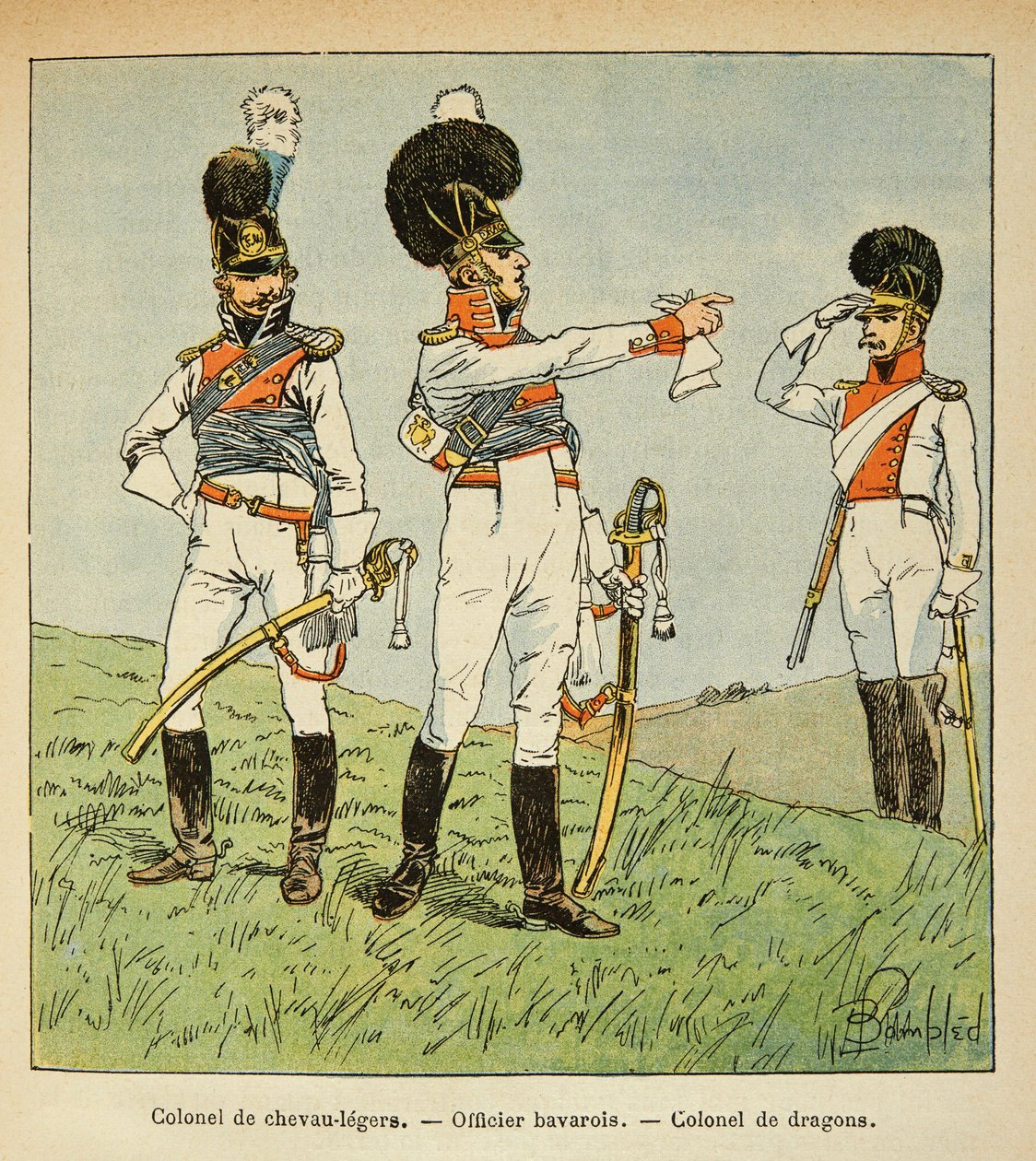 Illustration aus dem Buch „The Memorial of Saint Helene“ von Graf Emmanuel de Las Cases: Bayerisches Militär: Oberst der leichten Kavallerie; Bayerischer Offizier; Oberst der Dragoner von Louis Charles Bombled