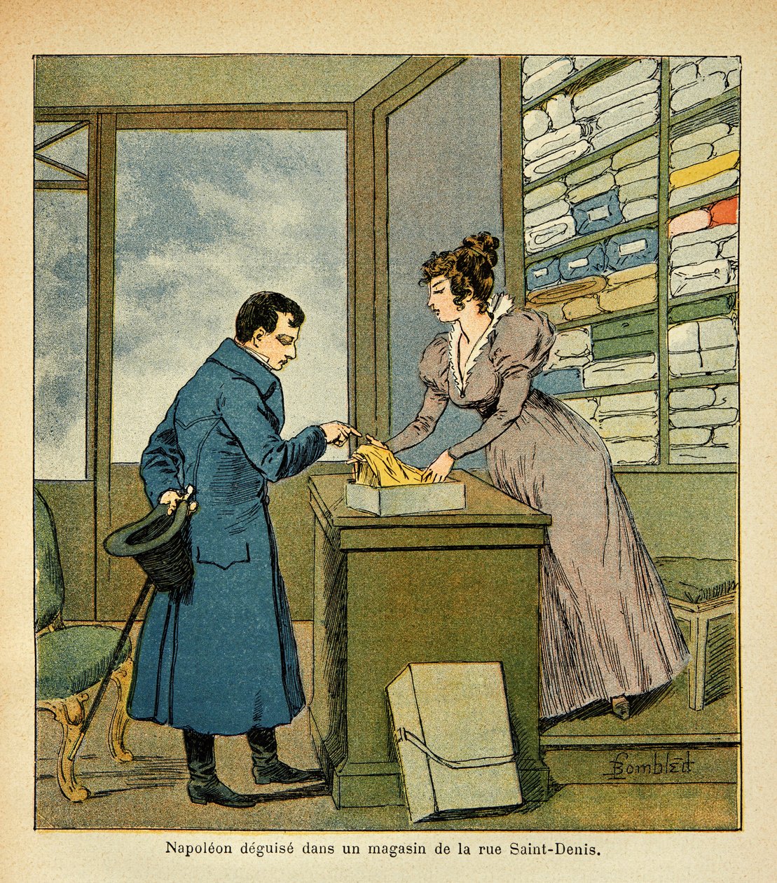 Der Kaiser Napoleon verkleidet sich in einem Geschäft in der Rue Saint Denis, aus dem Buch „The Memorial of Saint Helene“ von Graf Emmanuel de Las Cases von Louis Charles Bombled